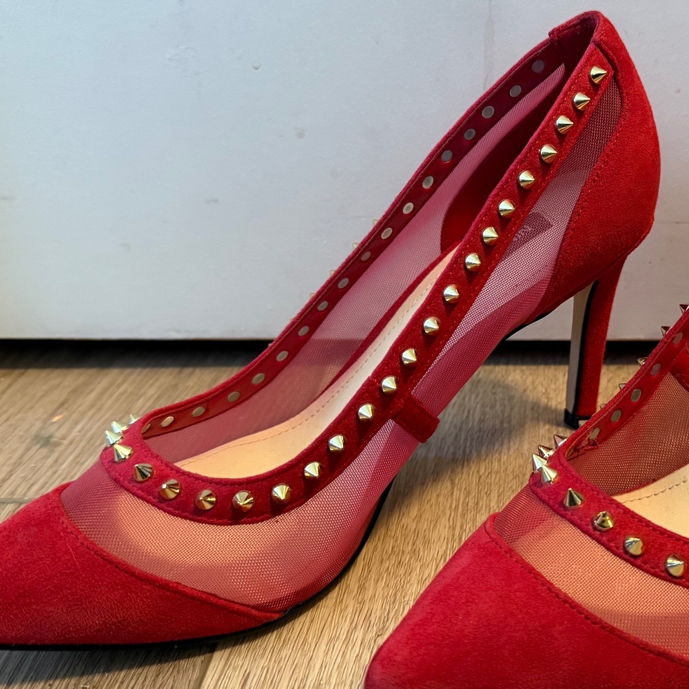 Nine West | Red Suede & Mesh Pumps with Gold Spikes